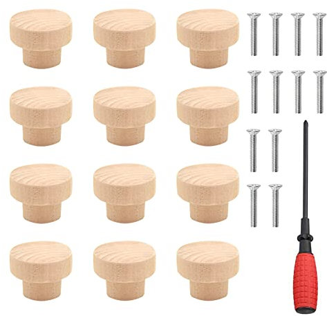 RISAKOGO 12 Stück Möbelknöpfe holz, Holz Tür Schubladengriffe, Knäufe für Schränke und Schubladen, Schrankknöpfe Mit Schrauben, Holzknöpfe für kommode, möbel, 35 x 26 mm, Schraubendreher enthalten
