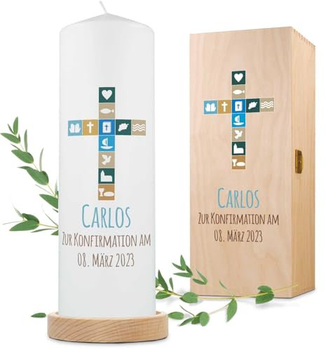 GRAVURZEILE Bedruckte Große Kerze - Konfirmation Symbol - Personalisiert mit Name & Datum - brilliant bedruckte Kerze - Geschenk für Mädchen & Jungen zur Konfirmation - Farbe: Große Kerze