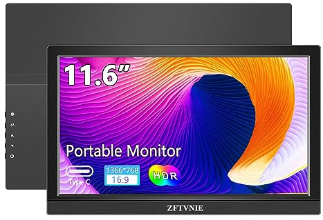 ZFTVNIE 11,6 tragbarer Monitor 1366 * 768P HD Externer Monitor tragbarer Bildschirm für Laptop/PCs/PS4/PS5, mit integriertem Ständer/Lautsprecher/HDMI/Type-C Anschluss