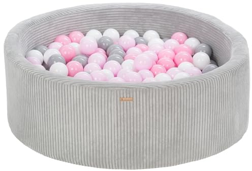 Bällebad Bällepool Bällebecken Spielbecken Kordsamt-Bezug 200 Bälle rund ⌀90 cm (Farbe des Pools/der Bälle: grau/weiß, grau, rosa, pink (pastell))