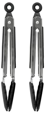 Fackelmann Stainless Steel Kitchen Tongs, Set of 2 with Locking Function | Silicone Function Head, TPR Handle, 21cm, Silver & Black