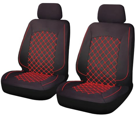 Set Coprisedili Auto Universali Anteriori 2 Pezzi, Fianchi elasticizzati, Tessuto Antiscivolo Trapuntato in Poliestere, Lavabile (Nero,Rosso) - Alta Qualità - OFFICINE MILANO
