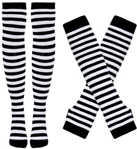 Tongcloud Womens Socks Striped Knee High Socks Arm Warmer Fingerless Gloves Set Over Knee Thigh High Arm Warmer Gloves(Black and White)