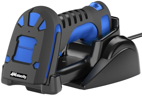 Alacrity Upgraded 2D Industrial Barcode Scanner with Wireless Charging Stand, 1968 Feet Transmission Distance 433Mhz Wireless & Bluetooth 2in1 Barcode Reader, Shock Dust Proof Hands Free, Blue