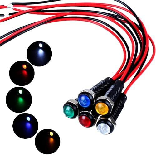 DMWD 5pcs 6mm LED Indicator Light Plastic Black Signal Dot Lamp 12V-24V 1/4 Mounting Hole Size with 15cm/5.9in. Wire (Mix:Red White Yellow Blue Green)