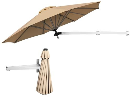 KOMFOTTEU Sombrilla de Pared Ajustable Ø250 cm, Parasol Plegable con Protección Solar para Exterior, Sombrilla de Terreza Inclinable Colgante, Paraguas para Jardín, Balcón, Patio