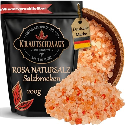 Krautschmaus rosa Natursalz grob 200g, bekannt als Himalaya Salz, Kristallsalz aus Salt Range Pakistan, grobes Steinsalz, pinkes Speisesalz ohne Zusatzstoffe