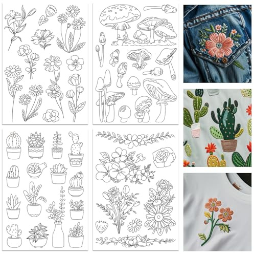 ORIGACH 4 Blatt Blumen Pflanzen Pilze & Bonsai Stickvorlagen Wasserlöslich | Selbstklebend Wasserlöslich Stickvlies, Wasserlöslicher Stabilisator für Handstickerei, DIY Projekte, Stichübungen