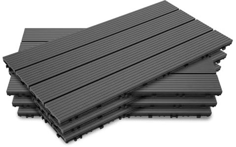 Fiqops Lot de 12 dalles de terrasse WPC - 30 x 60 cm - Dalles de sol avec système à clic - Carreaux de terrasse, de balcon, de terrasse - Imperméables - Pour terrasse - Pour 2 m² - Anthracite