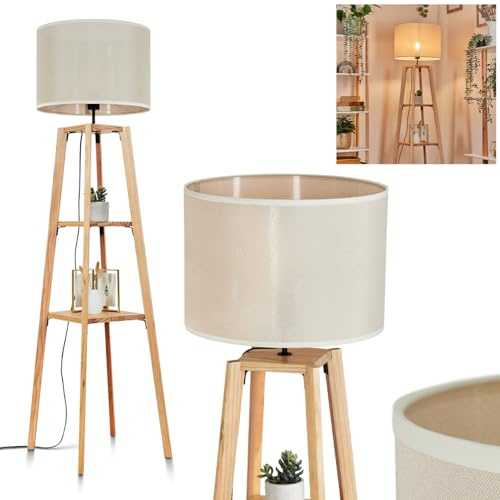 Stehleuchte Bassagoda, Stehlampe aus Holz/Stoff in Natur/Beige, Leuchte im skandinavischen Design mit rundem Schirm (Ø 40 cm), Ablageflächen u. Fußschalter, Höhe 151 cm, 1 x E27, ohne Leuchtmittel