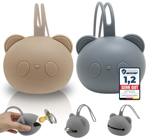 Tastic Schnullerbox Baby - 2x Silikon Schnullerbox für unterwegs in Pandaform – Schnulleraufbewahrung BPA frei – Box vielseitig nutzbar und leicht zu Reinigen. beige + grau