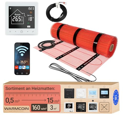Elektrische Fußbodenheizung Set 3 m²: WLAN-Thermostat, Elektro-Heizmatte | Touchscreen, smarte App & WiFi, Bodenfühler; Flächenheizung 160 W/m², selbstklebend; für Keramikfliesen & Naturstein