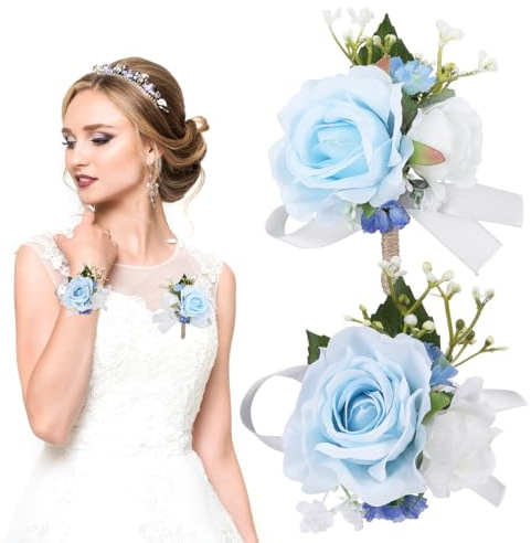 Didiseaon Corsage and Boutonniere Set: Blue Wrist Corsages for Weddings Fake Rose Flowers Elastic Wristlet Band Supplies for Bride Groom Bridesmaids Groomsmen Wedding Homecoming Prom Suit Accessories
