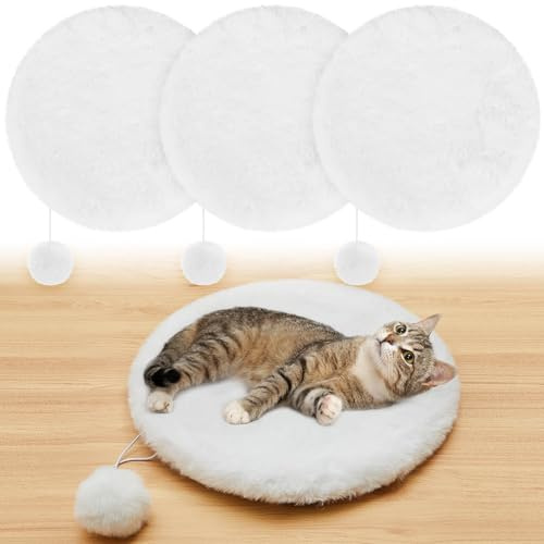 Abbylike 3 Pack 14 Round Cat Dog Bed Cushion Pad Mat Faux Rabbit Fur Pet Sleeping Mat with Small Ball Warm Plush Anti Slip Washable Cat Tree Tower Replacement Cushion Pad for Carrier Crate, White