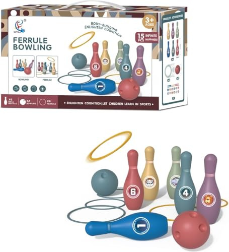 Kinder Bowling-Set, 15-teilig, Pädagogisches Spielzeug für Innen & Outdoor, 3+ Jahre, Bunt