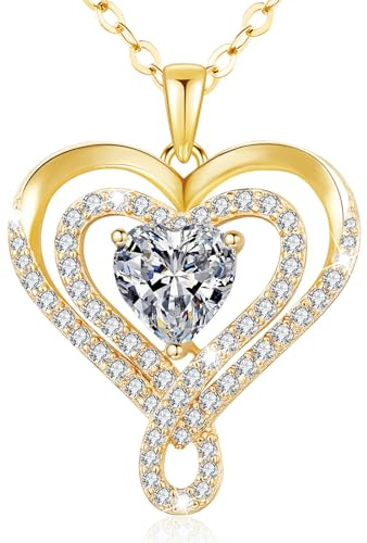 llyish Necklaces for Women Real 925 Sterling Silver Double Heart Necklace Birthstone Pendant Gold Jewellery Gifts for Women Mum Wife Birthday Valentines Anniversary Mothers Day