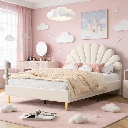 BRILVERDE Letto 140x200 in Velluto con Testiera Imbottita, Struttura con Rete a Doghe, Letto Design a Tema Principessa per Ragazze, Bambine e Adolescenti (Beige, 140 x 200 cm)