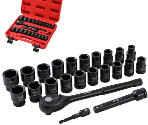KATSU Tools 1/2 Drive Impact Socket Wrench Set, 23-Piece, 6-Point, Inch & Metric Sockets 7/16- 1 and 13-24mm, Cr-V, 72-Teeth Quick Release Ratchet Wrench, Extension Bar, Adapter & Plastic Case