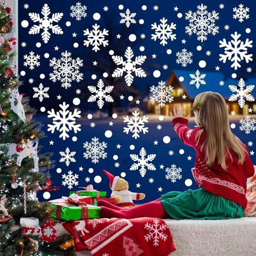 Sevenpers Fensterbilder Weihnachten Weiß Schneeflocke Groß 228 Stk | Fensteraufkleber Wiederverwendbar für Weihnachts Fensterdeko Weihnachts Fensterbilder ,Statisch Haftend