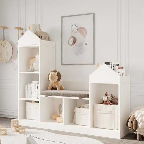 Cachpib Kindersitzbank Mit Regal Sitzbank Mit Stauraum Kinderregal Leseecke Kinderzimmer Schuhbank Mit Sitzfläche Bücherregal Kinder Und Spielzeugregal 121 x 30 x 108 cm