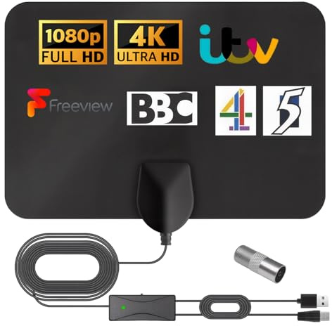 TV Aerial Indoor 2025 Upgraded Smart Digital 4K 1080p TV Aerial 250+ Miles Long Range Amplified HD TV Antenna with Signal Booster Connector for Freeview Channels with 16.4 ft Long Cable