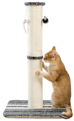 Joydeco Cat Scratching Post 38 Inches Heavy Duty and Thick Scratching Post Sisal Rope with Hanging Ball and Mice for Indoor Cats(Grey)