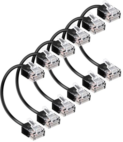 RIIEYOCA Cable de Ethernet Patch Cat6A Delgado 25CM, Cable de Red Internet de Alta Velocidad Ultra Corto 28AWG con Conectores RJ45 1000Mbps para Enrutadores, Paneles de Parcheo, (Negro Paquete de 6)