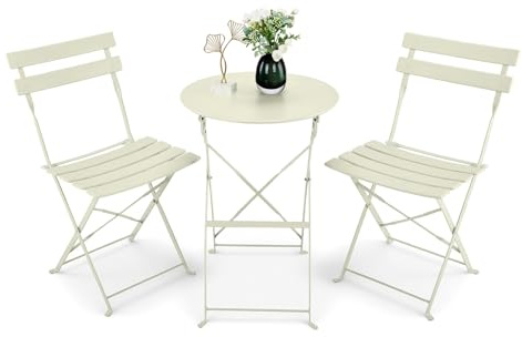 LEADZM Gartenmöbel Bistro Set Metall, Bistroset 3 teilig Klappbar - Bistrotisch mit 2 Klappstühlen, Balkonmöbel Klappbar für Balkon und Garten, Beige