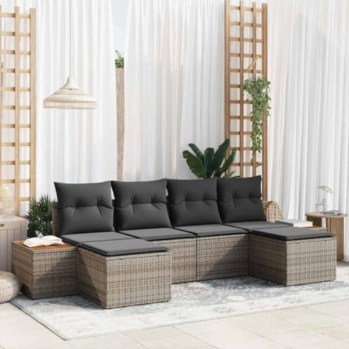 Frdhee Juego de muebles de exterior para salón de jardín, sofá de jardín con cojín 6 piezas de ratán gris polivinílico, grupo de asientos para jardín, terraza y balcón, fácil de mantener