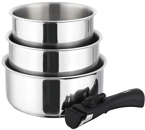 TeCuisine – Juego de 3 sartenes de acero inoxidable 18/10 Triply – 16/18/20 cm – Mango extraíble – Sin revestimiento – Sin PFOA, PTFE – Compatible con todas las luces de inducción – Cocción saludable