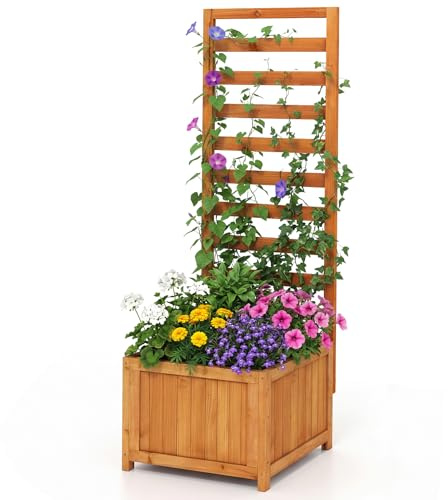 TANGZON Garden Planter Box, Outdoor Trough Planter Raised Bed with Trellis Panel, Climbing Flower Plant Pot for Patio Yard (Wood, Orange, 42 x 40 x 123 cm)