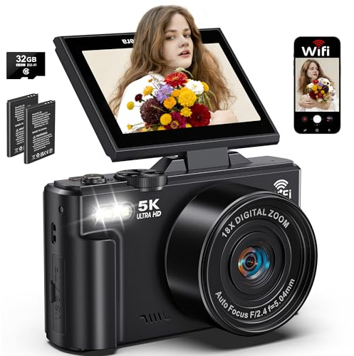 5K Digital Camera for Photography, 75MP WiFi Vlogging Camera for YouTube with 3 180° Flip Screen, 18X Zoom UHD Autofocus Video Camara with 32GB SD Card, 2 Batteries