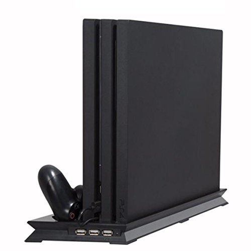 PS4 Slim Cooling Vertical Stand System and Controller Charge Dock, Dual Cooler Pad Fan for Console 2 Remote Controller Charging Station 3 USB Port Hub