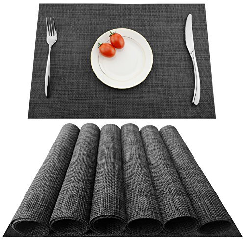 KOKAKO Platzsets(6er Set),Rutschfest Abwaschbar Tischsets Tischmatte PVC Abgrifffeste Hitzebeständig Platzdeckchen,Schmutzabweisend und Waschbare,Platz-Matten für Küche Speisetisch,Dunkel Grau