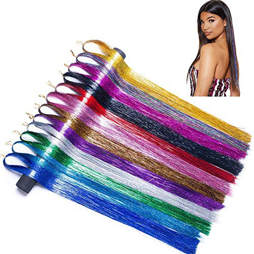 NATUCE 4800 Pièces 12 Couleurs Mèches de Cheveux Tinsel, 120CM Kit d'extension Cheveux Brillants Paillettes Coiffures, Bleu,Or,Or Champagne,Rose,Rouge