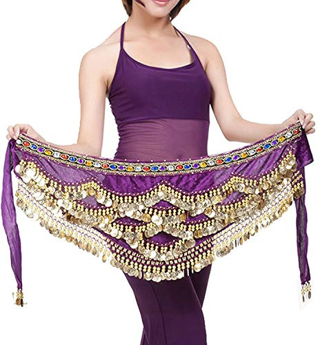 Carnavalife Pañuelo de Danza del Vientre Mujer Baile Oriental Bufanda Falda Cinturón de Cadera con 271 Monedas Lentejuelas (ZP142-morado, Talla única)