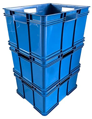 3 x 28 Litre Unibox Industrial Stacking Plastic Storage Boxes Containers Crates (Blue)