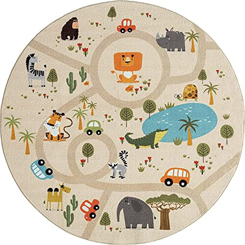 the carpet Happy Life Kinderzimmer, Kinderteppich, Spielteppich, Straßenteppich, Straße, Dschungel, Tiere, Auto, Rund, Beige, 160 cm Rund