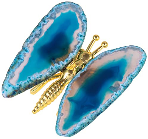 KYEYGWO Achat Scheiben Schmetterling Figur Dekoration mit Stein Flügeln, Golden Fliegender Schmetterlinge Statue Heilstein Fengshui Ornament Kristall Tier Skulptur für Haus & Büro, Blau