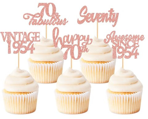 30 Pcs Rose Gold 70th Happy Birthday Cake Topper Glitter Happy 70 Cupcake Topper Cheers to 70 Fabulous 1955 Cake Decoration for 70th Birthday Party Decoration Supplies 70th Anniversary Cake Topper