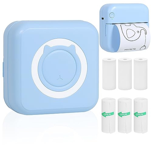 AURTEC Mini-Thermodrucker, tragbarer, kabelloser Bluetooth-Tintenloser Drucker mit 3 Rollen Aufkleber und 3 Rollen Thermopapier,kompatibel mit Android/iOS,Taschendrucker für Memo,DIY,Foto usw.Blau
