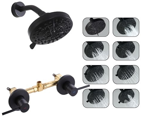SUBEIXI Matte Black 2 Handle Shower faucet Set, 8 Mode Shower Head Bathroom Shower Faucet Trim Kit with Rough-in Valve, Wall Mount