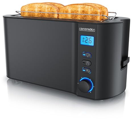 arendo - Grille Pain 2 Larges Fentes 4 tranches écran Digital - Grille-Pain Automatique 3en1-1500W - 6 Niveaux réglables décongélation réchauffe viennoiseries Plateau à miettes -Toaster Noir