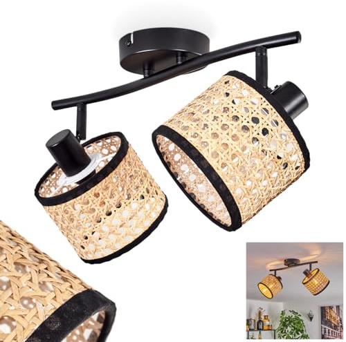 HOFSTEIN Deckenleuchte Ramila, moderne Deckenlampe aus Metall/Rattan/Wiener Geflecht in Schwarz/Natur, 2-flammig, mit verstellbaren Strahlern, Leuchte im Boho-Design, 2 x E14, ohne Leuchtmittel