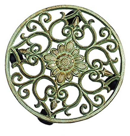 WYRMB Rustikaler Pflanzencaddy für den Außenbereich, robuster Pflanzenständer aus Gusseisen mit Rädern, rundes rollendes Blumentopfgestell, 27,9 cm, grün