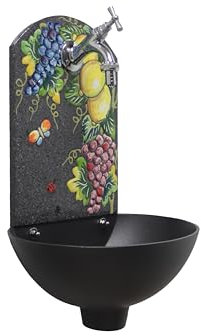 Väggfontän Petra handmålad lavastenfront, citron- och granatäppledekor, aluminiumbadkar komplett med kran (förkromad mässing)