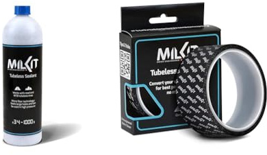 milKit Tubeless Dichtmilch in 1000 ml Flasche & Tubeless Felgenband - Felgenschutzband - Reifen-Felgenband für Rennrad, MTB, Gravel - Felgenband 28 Zoll - 10 Meter (25 mm)