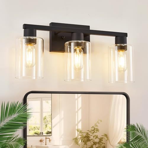 SOPEAS 3-Light Bathroom Vanity Light, Black Vanity Lights with Clear Glass Shades, Bathroom Wall Sconce Lamp for Mirror Living Room Bedroom Hallway