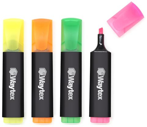 Waytex 931518 Neon-Textmarker Set mit 4 verschiedenen Farben, Packung mit 4 Filzstiften, abgeschrägte Spitze, Gelb, Orange, Grün, Blau, für Büro, Schule und Zuhause