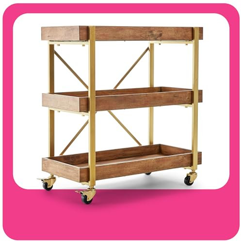 Adore Decor Riley Barwagen, 3-stöckig, rustikales Holz und goldfarbenes Metall, rollendes Küchentablett, Holzregale mit metallischen Akzenten, Gold